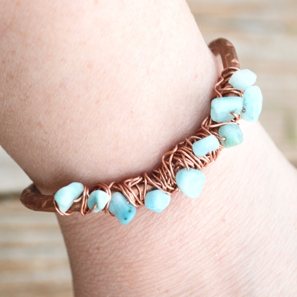 Blue Amazonite Copper Cuff Bracelet Healing Reiki Energy Handmade Boho Gift